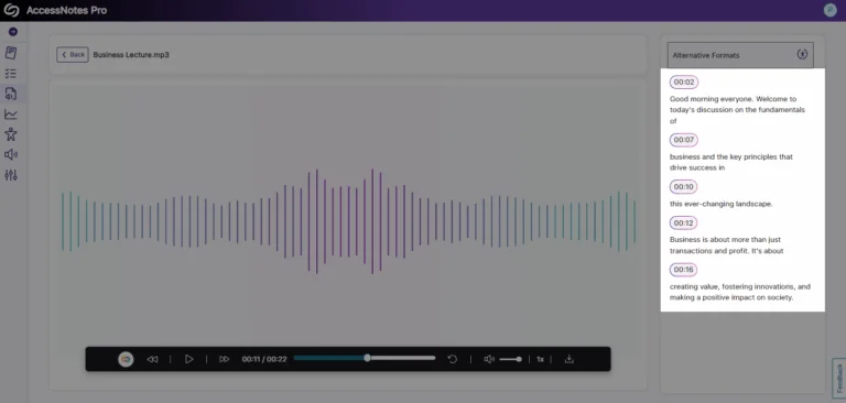 A transcript is shown to the right of an audio file.