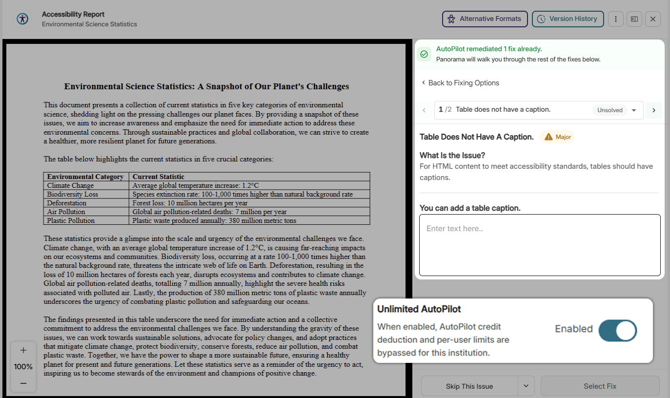 A Word document open in the accessibility report, with AutoPilot helping guide the user through adding a document title. A sceenshot of a setting toggle titled Unlimited AutoPilot is overlayed ontop.