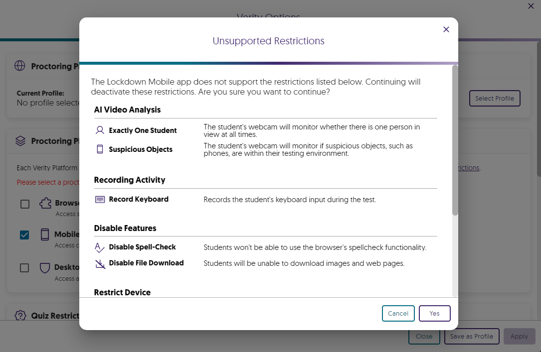 A modal showing unsupported quiz restrictions. 