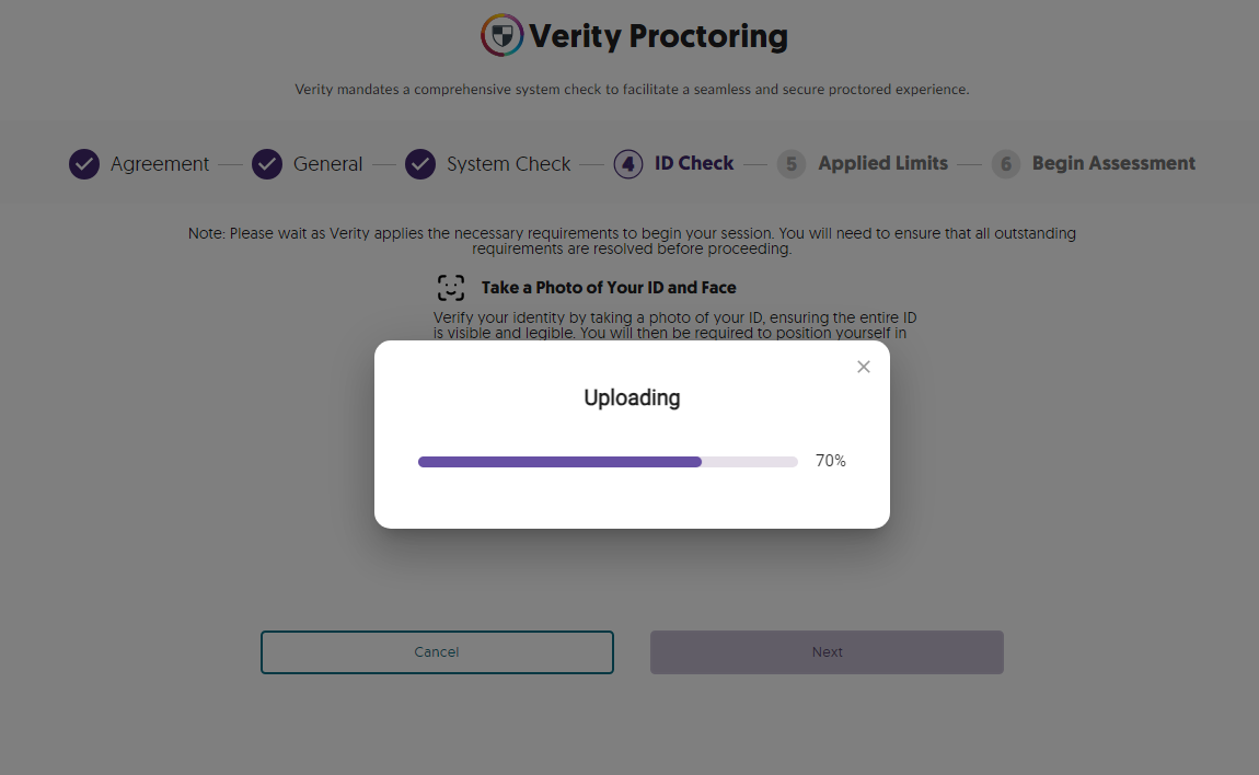 The upload status of a student's ID is shown as a progress bar. 
