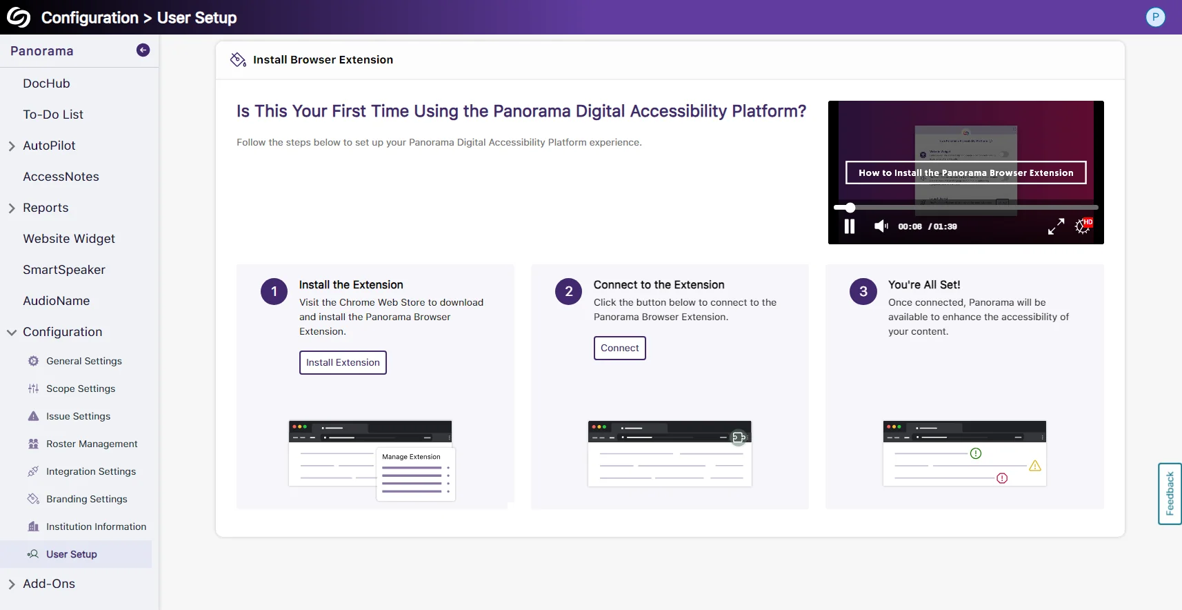The user setup page shows 3 steps to install the extension and a video to help guide users.