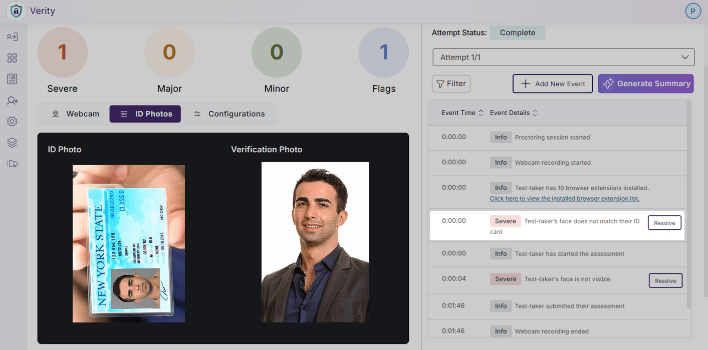 AI ID Verification: Verity will verify the test-taker’s identity by matching their face to a provided piece of valid identification automatically.
