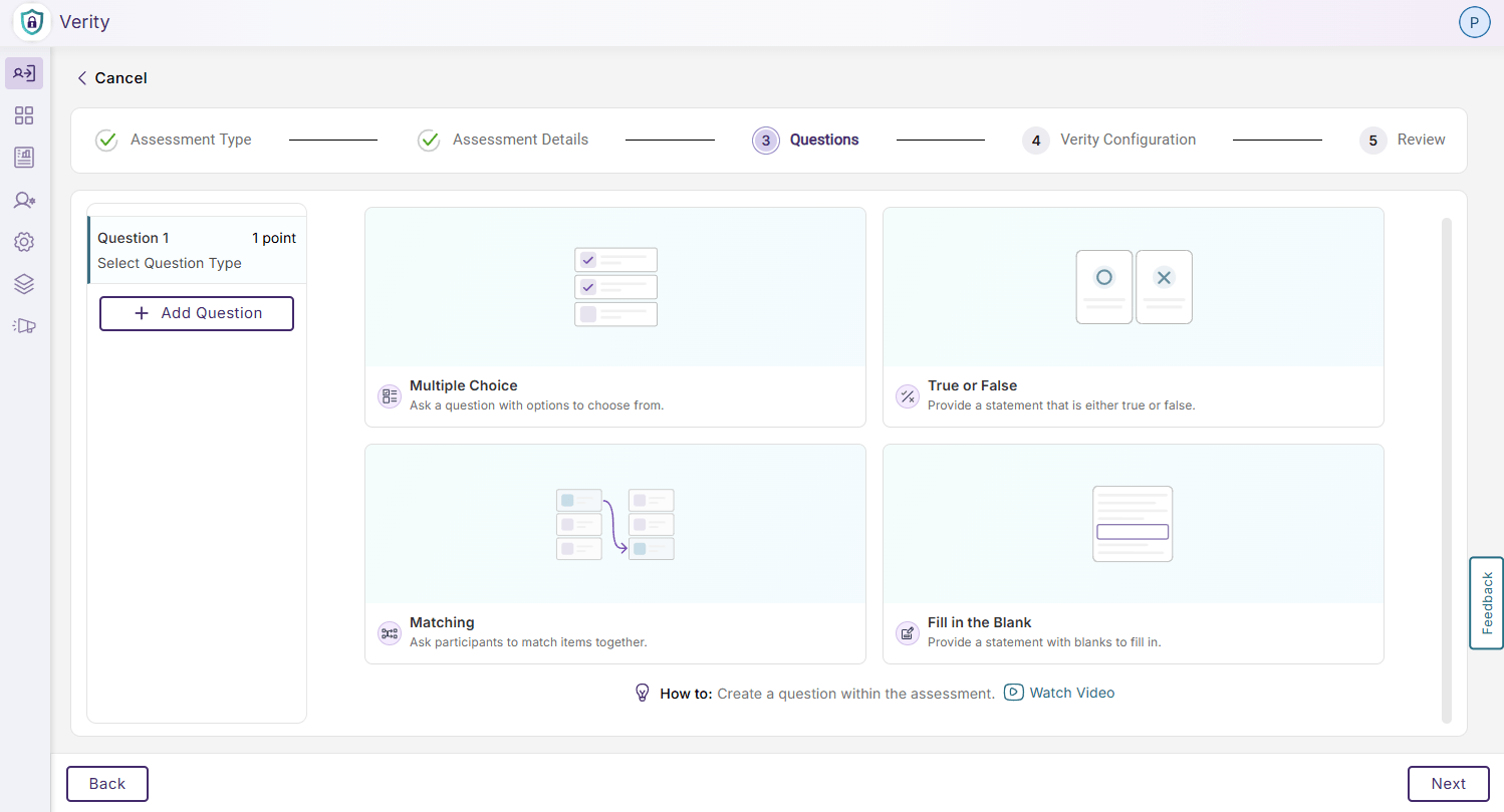 Multiple Quiz Types: Instructors can choose from multiple choice, true or false, matching, and fill-in-the-blank for a Verity quiz, providing flexibility and matching native LMS capabilities.