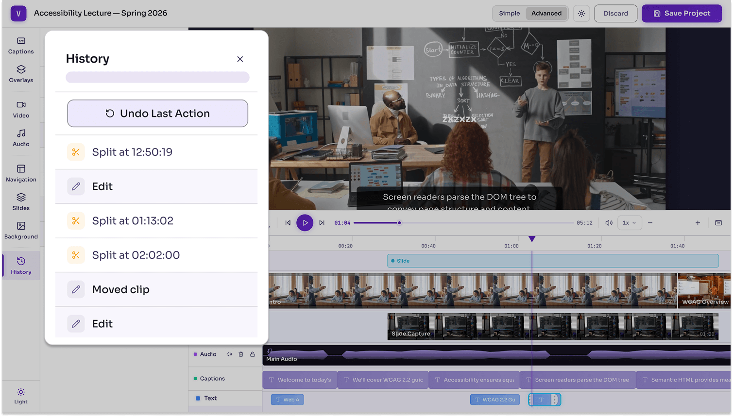 Version history: Users can easily revert their actions and return to previous versions of their project, ensuring that each action is properly saved for potential restoration.