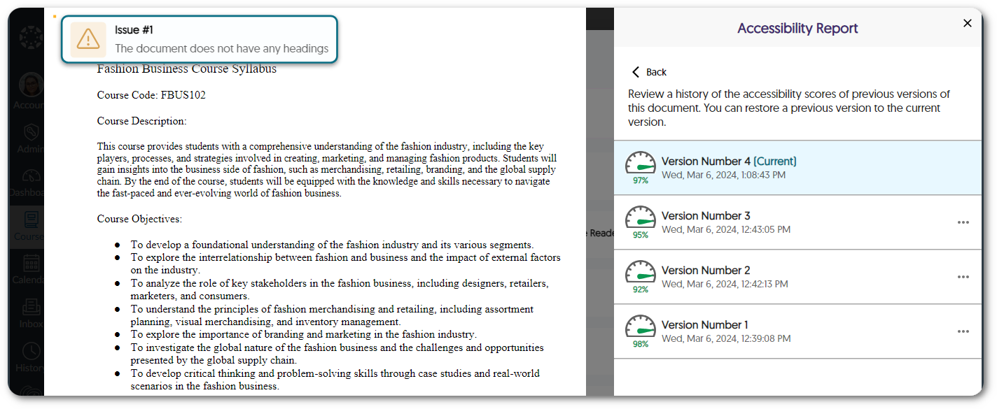 The accessibility report shows a list of previous version history for a document.
