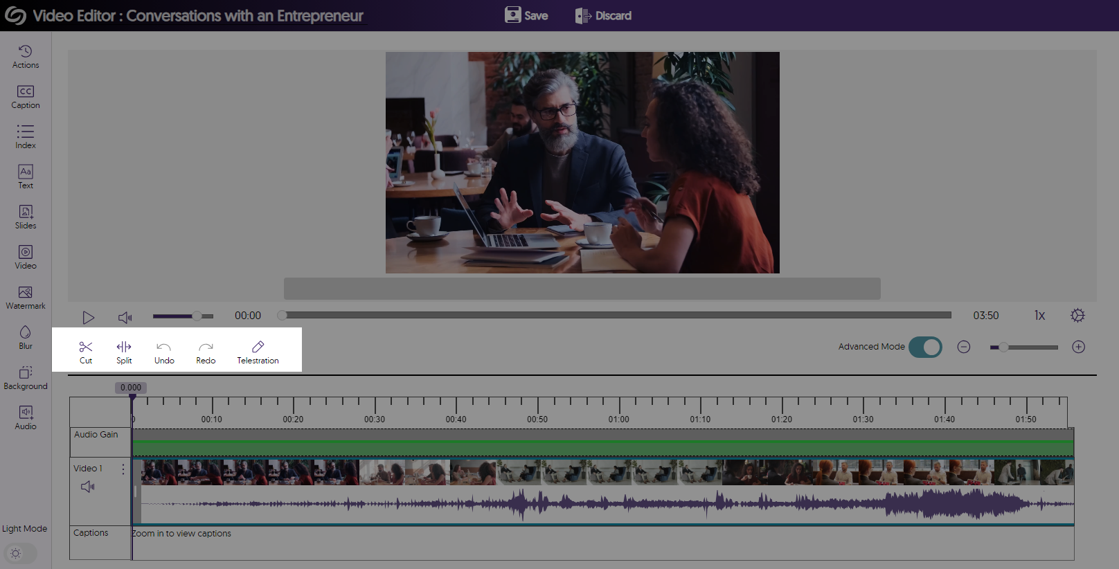 The Video Editor's cut, split, undo, and redo options are shown with labels.