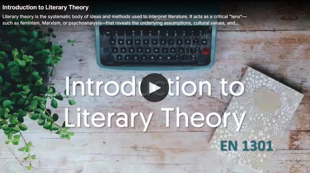 Preview thumbnail of a video with a typewriter. At the top of the video frame is the video title, Introduction to Literary Theory, with a two line description of the video underneath.