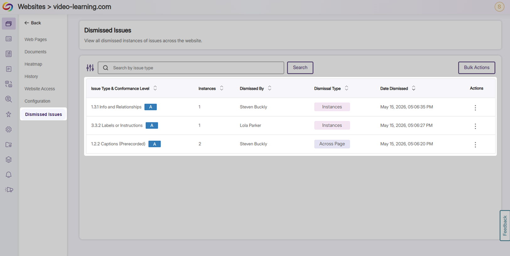 View all dismissed issues: A tab has been added under websites for users to view the entire history of all previous dismissals, tracking remediation actions performed by users on the platform.
