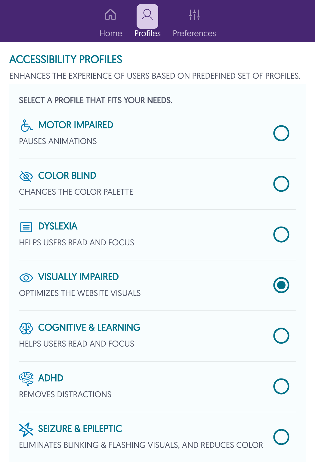 Pop-up of visually impaired accessibility profile options.