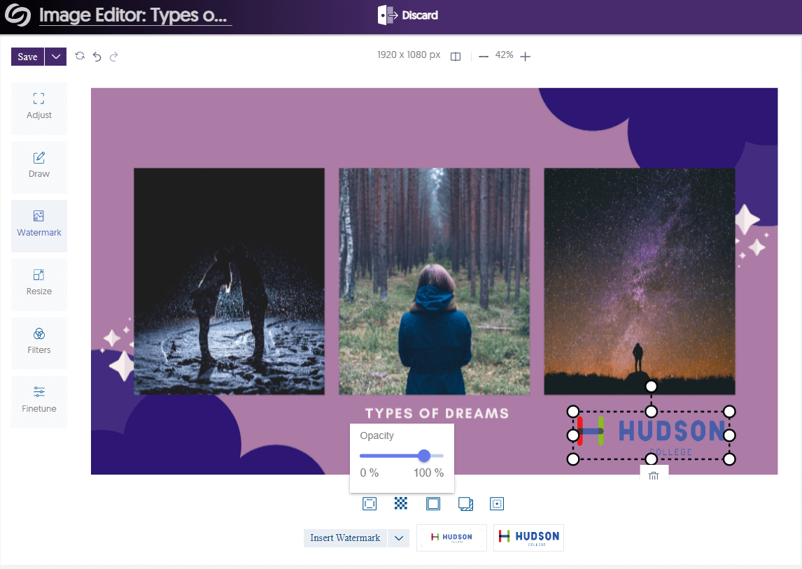 Screenshot of the image editor screen with the addition of a watermark and the opacity setting open.