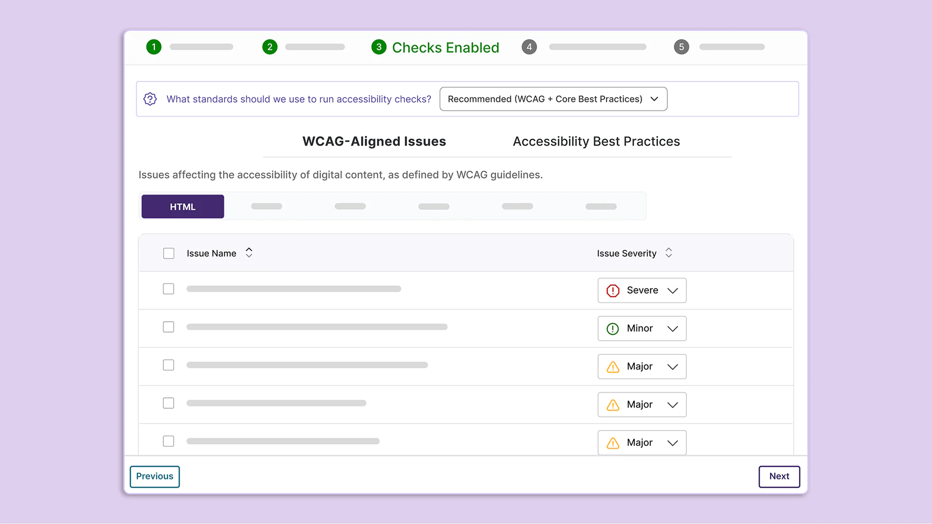 Comprehensive: Includes all checks that align with WCAG guidelines and all accessibility best practices.