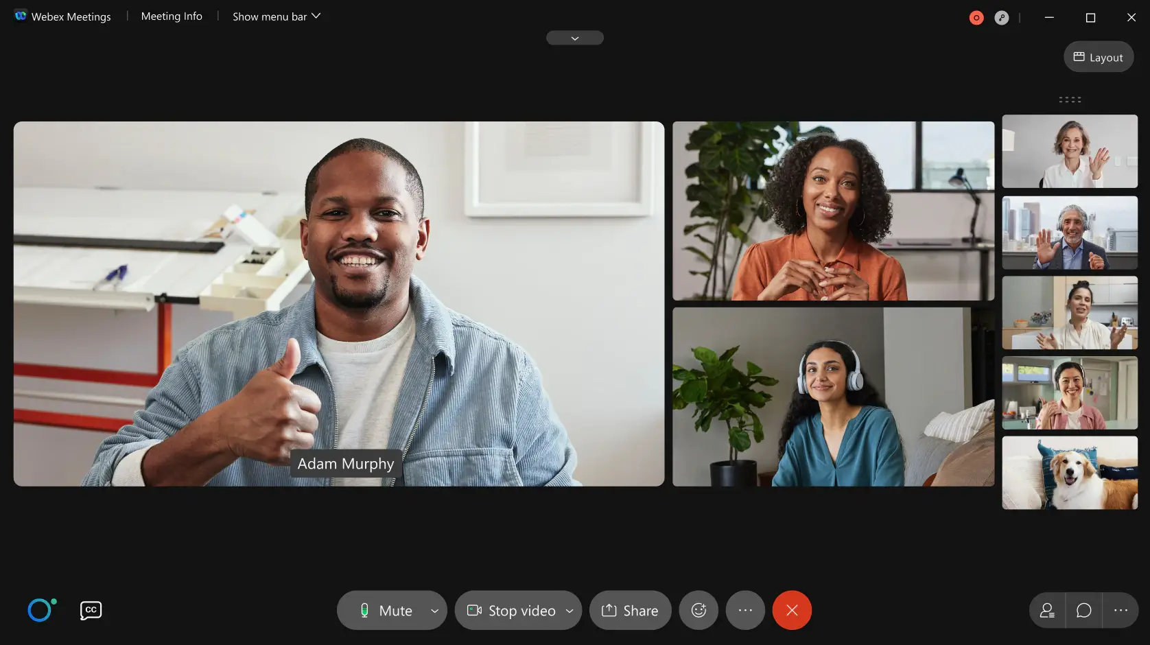 A group of people on a video call using Webex.