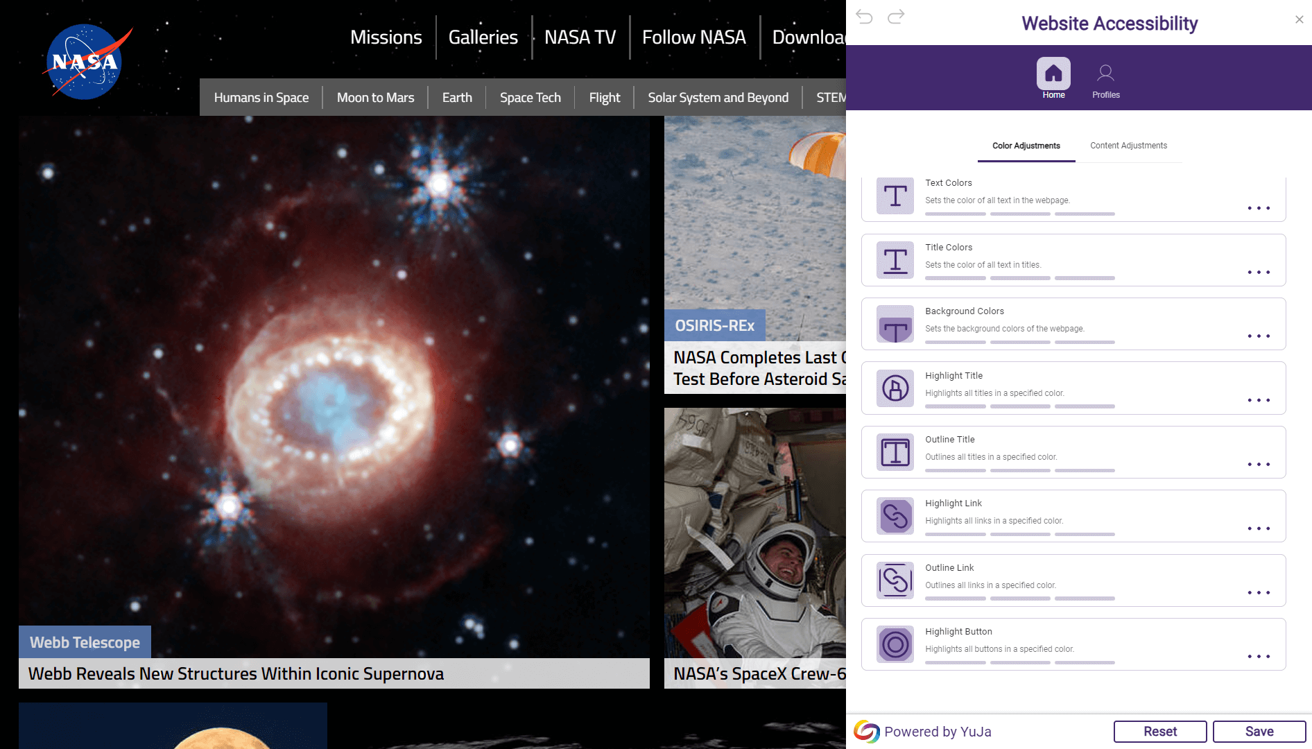 The NASA website with the color adjustments menu open.