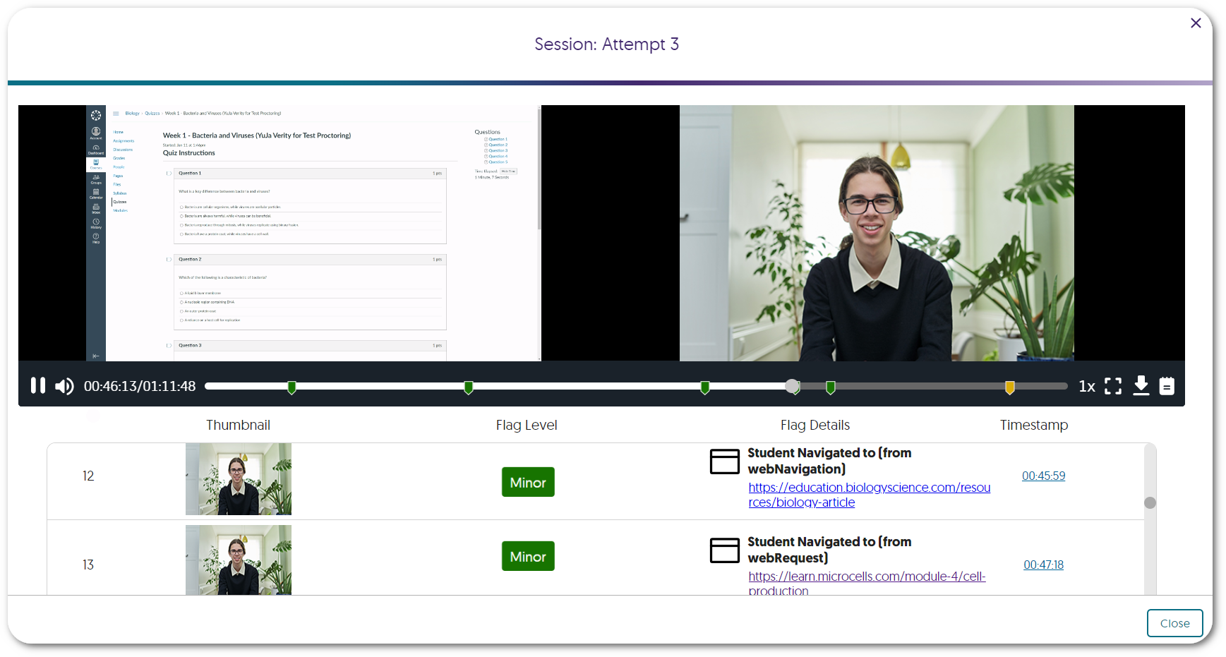 Websites a student has visited can be seen in the Verity Results table.