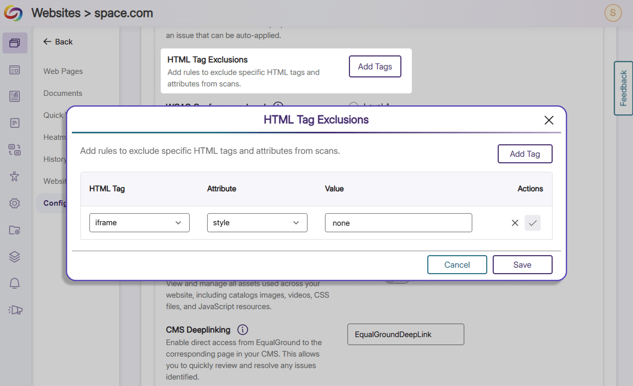 HTML Tag Exclusions modal in the EqualGround interface