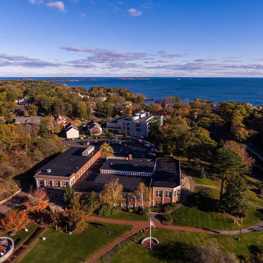 Endicott College campus aerial view.