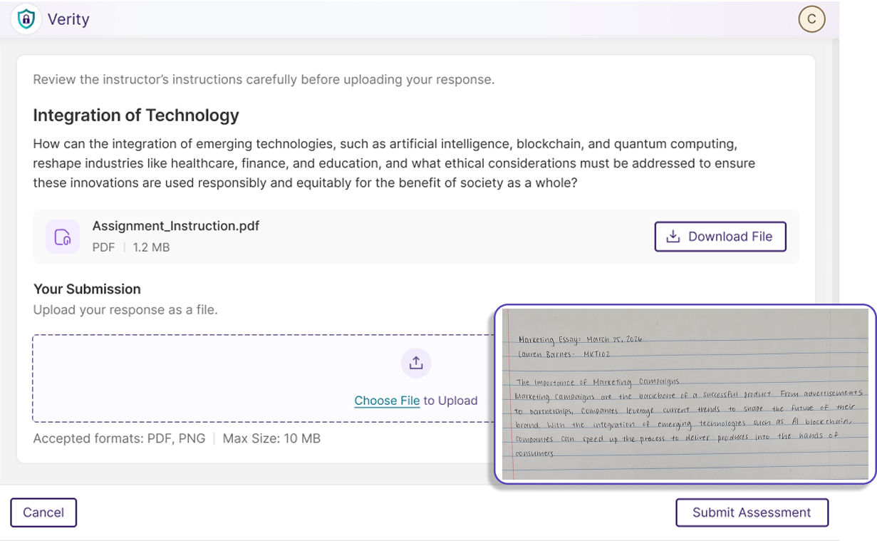 Choose Upload Formats: Instructors can select the type of file formats accepted for assessment responses, expanding the flexibility of online assessments by accepting both digital and traditional paper submission formats.