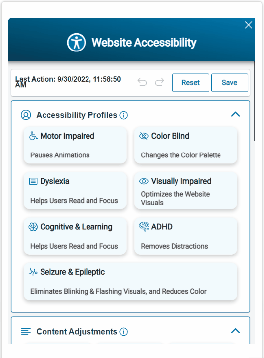 Website Accessibility Widget scrolling through all options