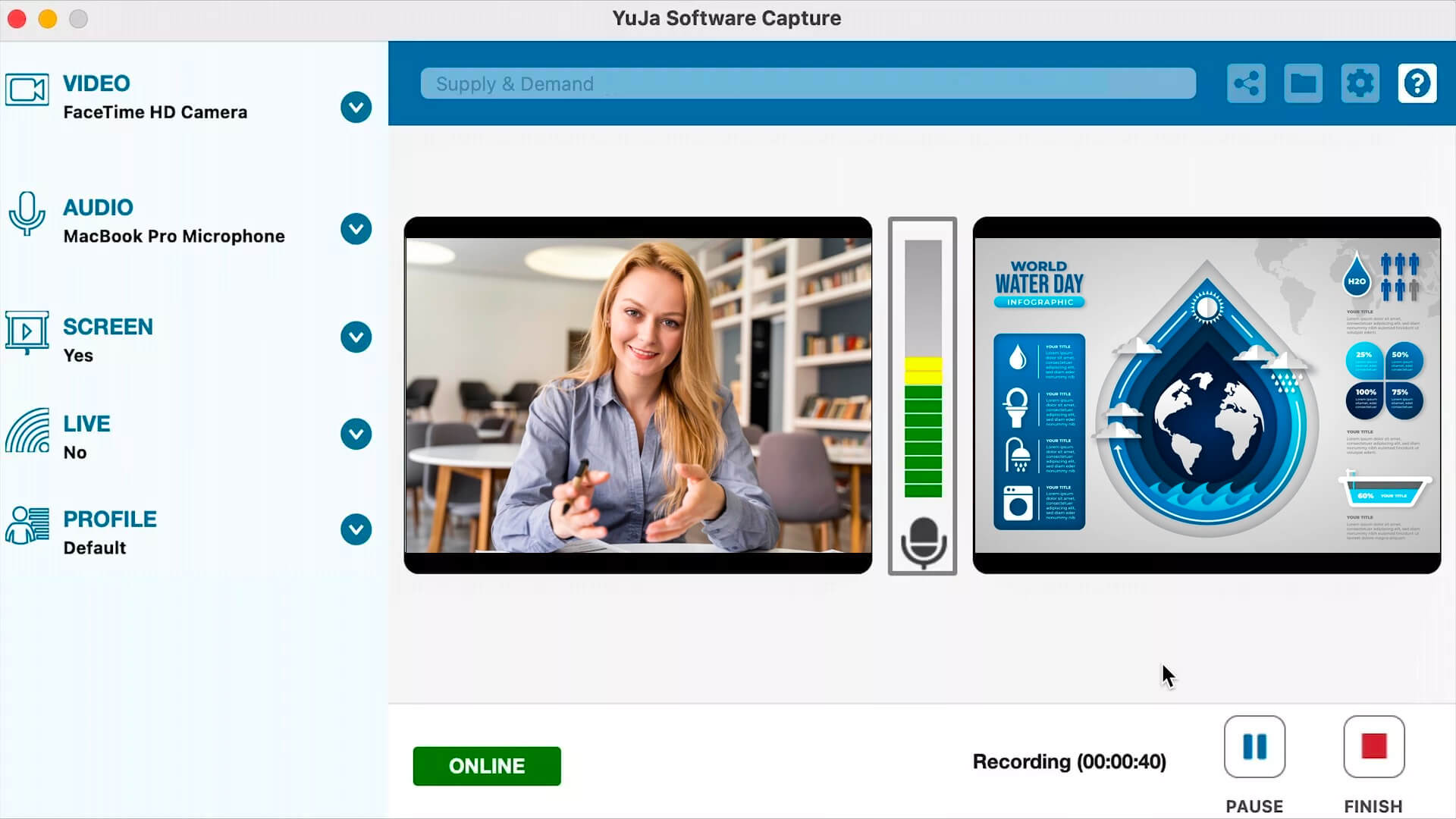 The YuJa Software Capture screen showing a woman waving and a presentation and source settings.