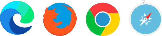 Browser logos for Edge, Firefox, Chrome, and Safari.