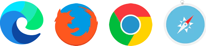 Browser logos for Edge, Firefox, Chrome, and Safari