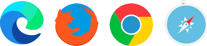 Browser logos for Edge, Firefox, Chrome, and Safari.