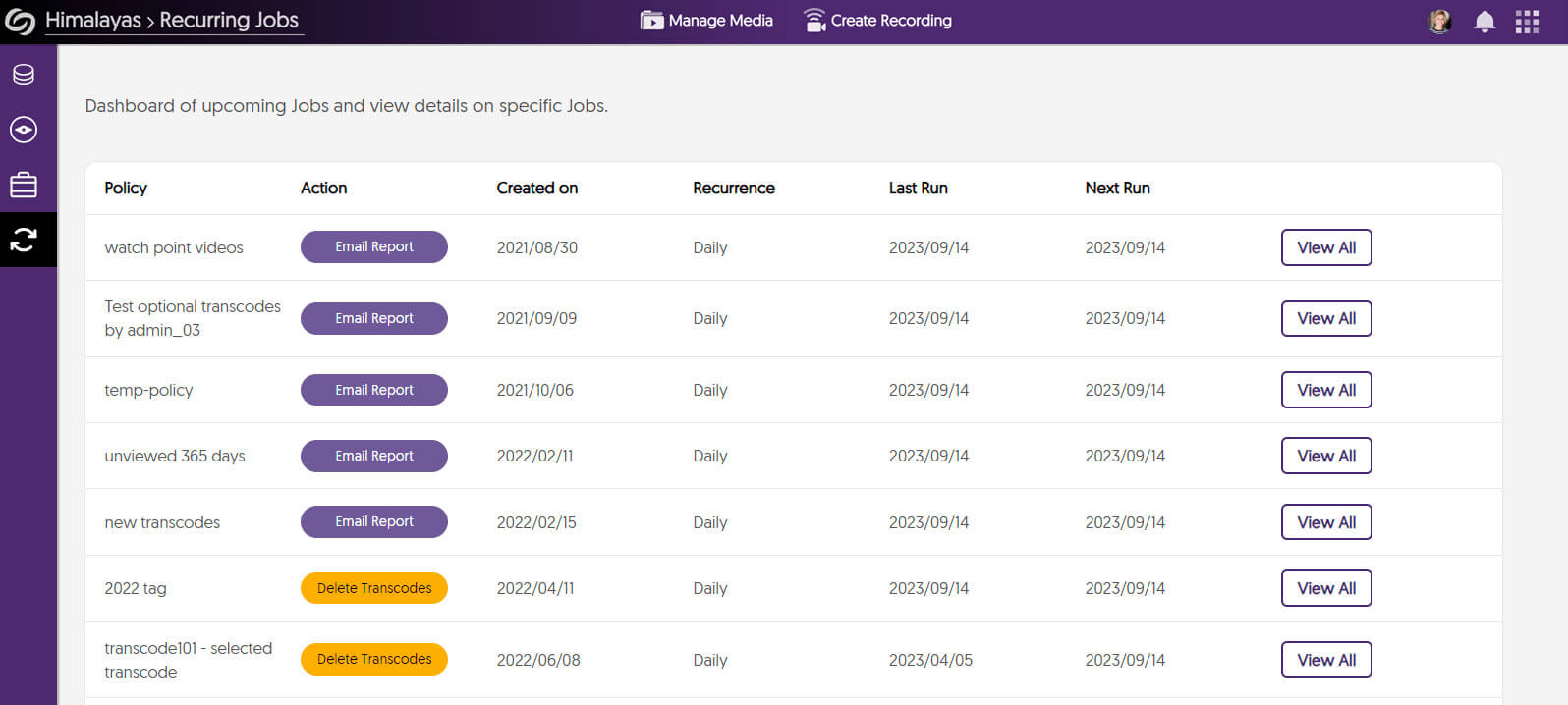  A screenshot showing upcoming jobs and their details in the YuJa Himalayas Recurring Jobs dashboard. 