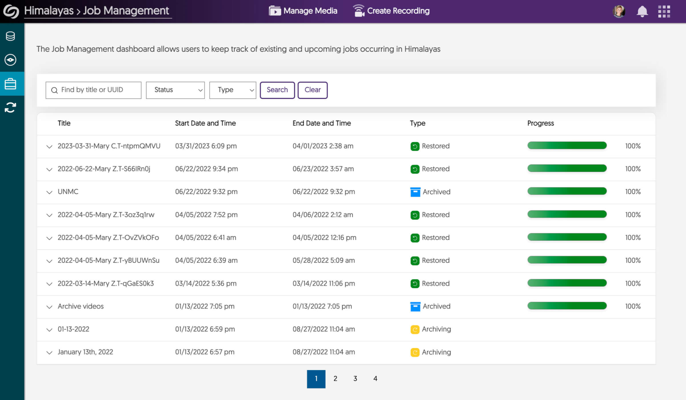 Screenshot showing various archival jobs and progress of each one.