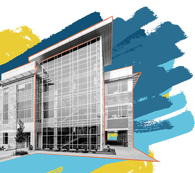 Madison Area Technical College building with a vibrant blue and yellow paint stroke.