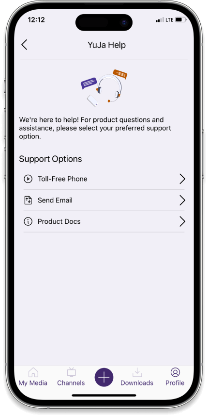 The YuJa Support screen is shown on a mobile phone.