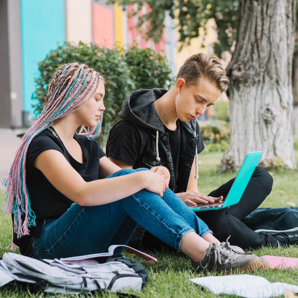 Two young people sitting on grass, using laptop.