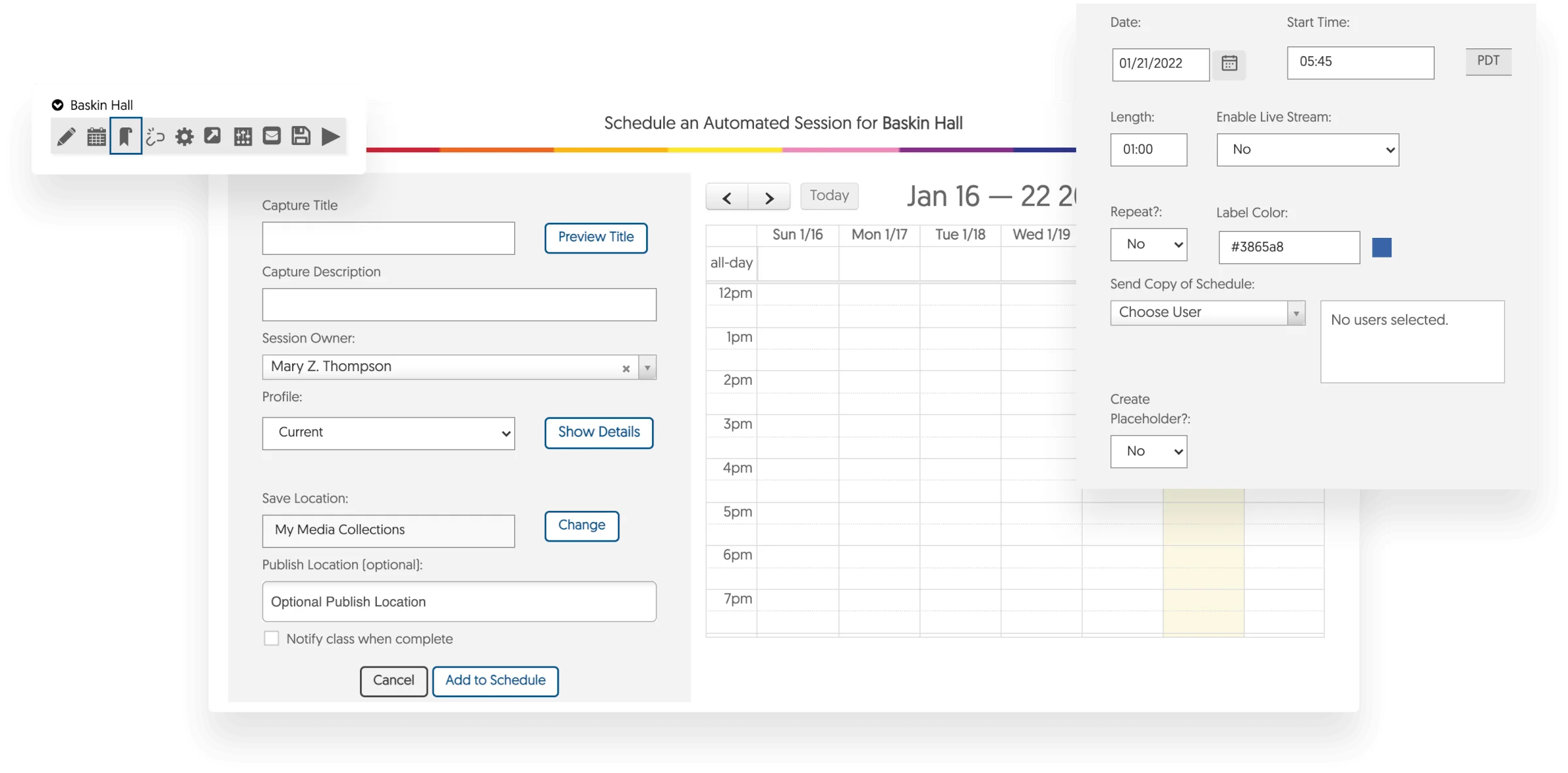 A screenshot of the Schedule an Automated Session for Baskin Hall.