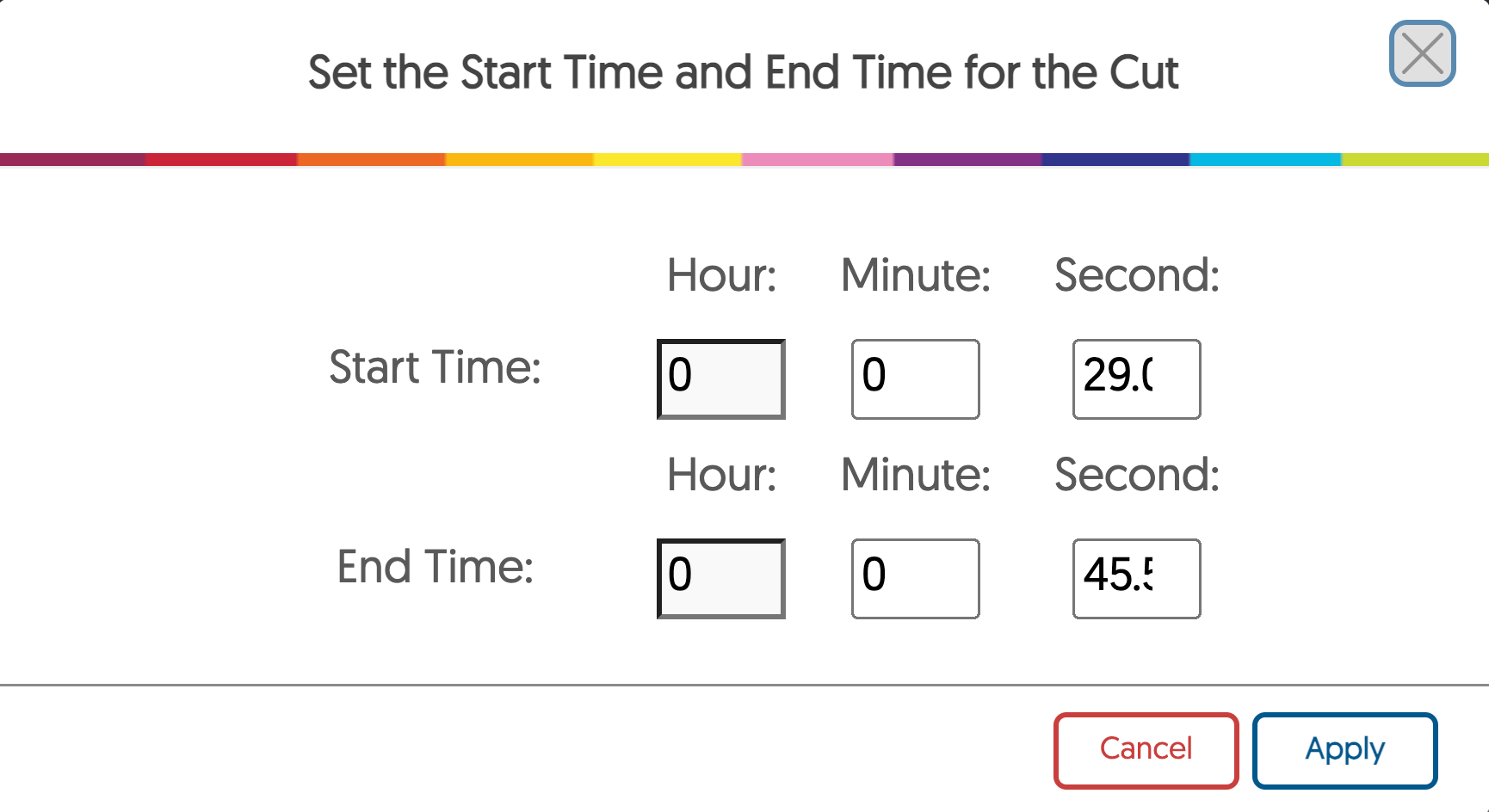 Video start and end time edit options.