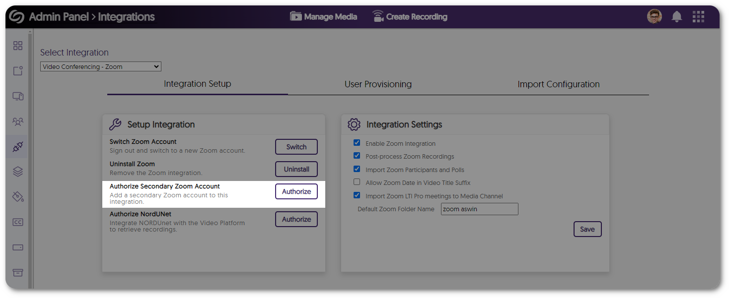 Zoom integration setup shows the option to add a secondary zoom account.